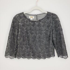 3/$25 581 Talbots Metallic Lace Top 4P Scallop Hem Cropped 3/4 Sleeves Silver